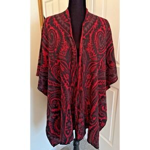 Chicos Womans One Size Red Black Paisley Knit Open Kimono Shawl Cozycore Sweater